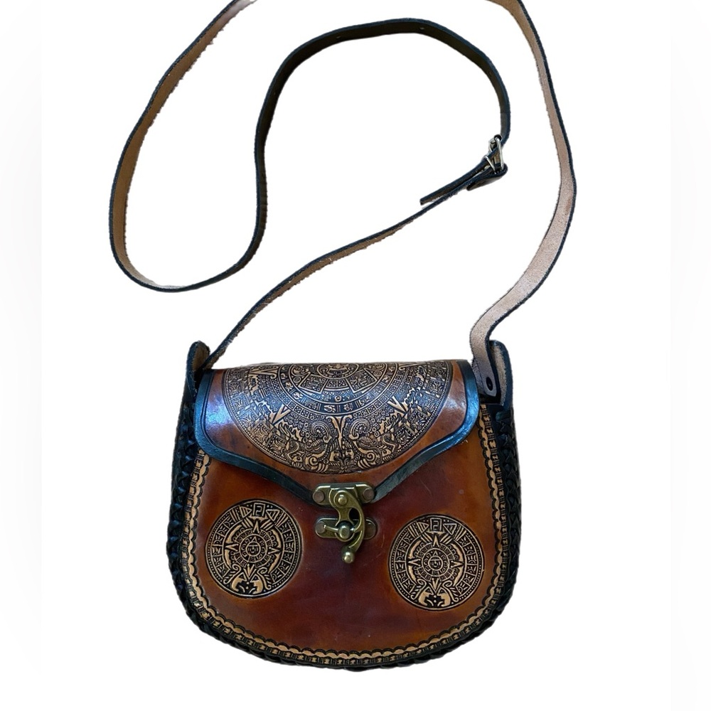 Vintage Hand Tooled Handmade Leather Crossbody Purse Bag Aztec